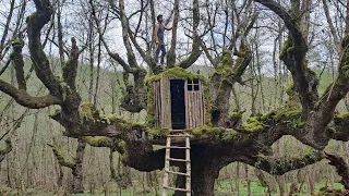 building a bushcraft survival tree of life shelter.with fireplace.winter camping