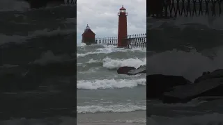 incredible Waves 👋 on Lake Michigan 😍 crashing over pier during storm #shorts
