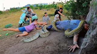 4 Brave Girls Hunters with Pitbull Dog Confronts 2 Ferocious Giant Pythons To Save Old Man