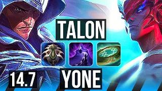 TALON vs YONE (MID) | Rank 4 Talon, 7 solo kills, Legendary, 700+ games | KR Challenger | 14.7