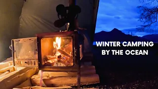 Winter Hot Tent Camping | Heavy Wind & Rain by the Pacific Ocean