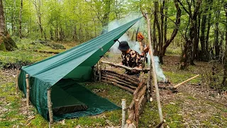 2 Days of Solo Camping in the Rain _ Buliding a Shelter with Wooden Walls _ Heavy Rain [ part One ]