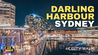 Darling Harbour Walk at night | Sydney Walk 4k Closed captions avail