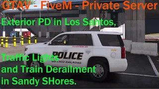 GTAV FiveM Police Gameplay, Go Loco Railroad Police, tour of PD, traffic lights, & train derailment.