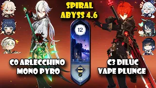 C1 Arlecchino Mono Pyro and C3 Diluc Vape Carry | Spiral Abyss 4.6 Floor 12 | Genshin Impact