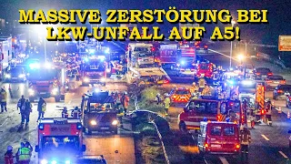 [GROSSES TRÜMMERFELD NACH LKW-CRASH] - SATTELZUG DURCHBRICHT LEITPLANKE - | FEUERWEHR | BERGUNG | A5