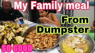 Dumpster diving haul chicken fish veggies cooking delicious meal eating + giving food to the animals