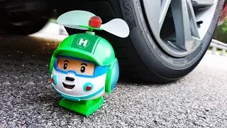 Crushing Robocar Poli Heli By Car Soft and Crunchy Toys Experiment