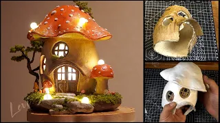 Miniature scene/Glowing mushroom house made from cardboard and clay/DIY