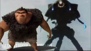 Grug from the croods attacks a tripod from war of the worlds
