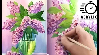 TIMELAPSE How to paint LILAC flower bouquet with Acrylic! Tutorial for Beginners! EASY