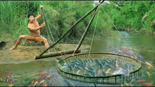 survival in the rainforest, using Bamboo to lure fish, Catch fish using big traps