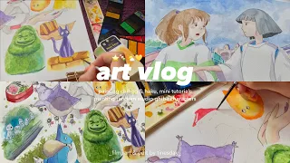 art vlog 🍡🎨 watercolor painting chihiro & haku, random studio ghibli characters painting process⭐️