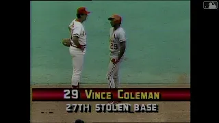 After 17 pickoff attempts, Vince Coleman steals second base