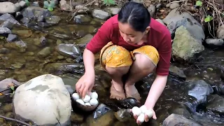 Pretty girl cooking Boiled Baby egg  ducks on rock in the afternoon - eating delicious