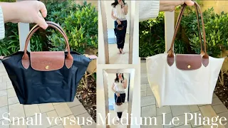 Small versus medium Longchamp Le Pliage bags, what fits with & without inserts, shoulder strap kit