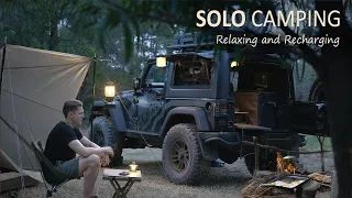 SOLO CAR CAMPING with a GADGET JEEP Wrangler [ cosy night, campfire food, bushcraft, asmr ] SoC Ep21