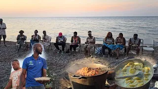 steam veg | fry chicken | coconut dumpling | our guests eating at the sea's edge