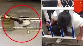 Caught on video: Chinese woman magically traps her head between road barriers - TomoNews