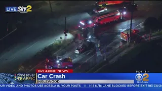 Sky2: Vehicle catches fire after head-on crash in Inglewood