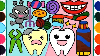 Menggambar Dan Mewarnai Set Perawatan Gigi Untuk Anak-anak | Jelly painting Lips and teeth