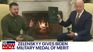 Ukrainian President Volodymyr Zelenskyy gives President Biden a military medal | LiveNOW from FOX