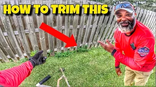 How to trim weed-eat a shadow box fence without damages