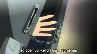 Rena scares Keiichi, so he smashes her fingers.