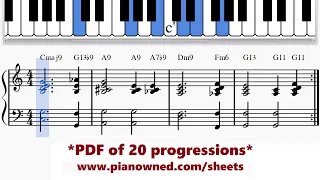 Jazz Piano 'Romantic' Chord Progression: Cmaj9 --- G13b9 - A9 --- A7b9 - Dm9 --- Fm6 - G13 -- G11
