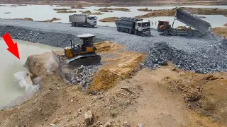 Great Working Bulldozer Push Stone with Dump Truck Transport Stone Build Road Connect to other Route