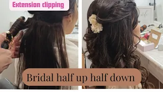 Modern elegant half up & half down hairstyle for bride. Extension clipping for volume & dupatta set