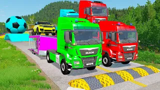 Double Flatbed Trailer Truck vs Speedbumps Train vs Cars | Tractor vs Train Beamng.Drive 050