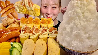 ASMR Japanese Omelet, Sausage, Fried Chicken【Mukbang/ Eating Sounds】【English subtitles】