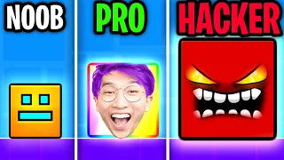 We Go NOOB vs PRO vs HACKER In GEOMETRY DASH! (JUSTIN RAGED!!)