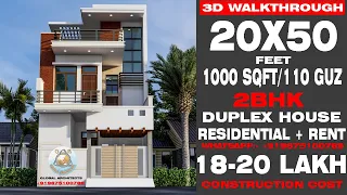 20X50 Feet House Plan Rent + Residential 1000 Sqft House Design 110 guz plot size