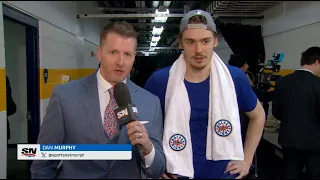 Rookie Arturs Silovs chats with sportsnetmurph after posting a 28 save shutout win in Game 6/3.05.24