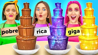 DESAFÍO DE COMIDA RICO VS. POBRE VS. GIGARICO || Desafío de fondue de chocolate por 123 GO! Series