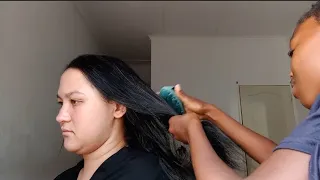 So relaxing- My friends daughter plays & braids my hair //  Applying hairfood on scalp