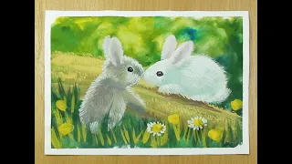 Rabbit drawing. How to draw cute rabbits with gouache is easy. Step by step drawing for beginners