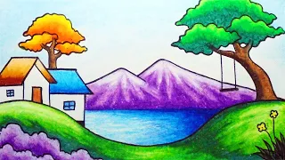 How to Draw Village Scenery Step by Step | Easy Scenery Drawing of a Lakeside Village for beginners