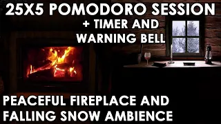Study with Crackling Fireplace and Falling Snow Sound, Pomodoro Technique, Study Timer | ASMR