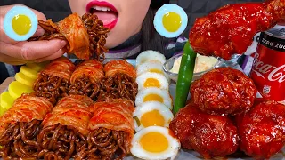 ASMR KIMCHI WRAPPED BLACK BEAN NOODLES, SPICY FRIED CHICKEN, QUAIL EGGS MASSIVE Eating Sounds