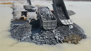 Awesome Mighty Power Bulldozer and Dump Truck Moving Stone Building New Road on Water