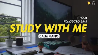 📚1-Hour Study With Me Morning ⛅ Calm Piano for a gentle morning | Pomodoro 25-5 | Countdown timer