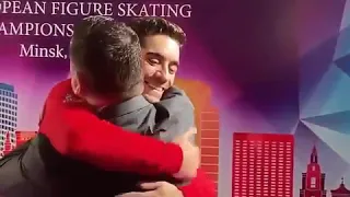 Javier Fernandez and Brian Orser after winning 7th European Championships