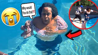 Making My GIRLFRIEND Get FULLY DRESSED Then THROWING Her In The POOL PRANK!