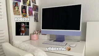 purple M1 IMac unboxing 24” 💜 | first impressions + playing roblox