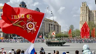 Russian Tank Column. Mechanized Infantry Column. Victory Day Military Parade in Moscow.