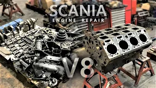 СБОРКА И ЗАПУСК 16-ЛИТРОВОГО V8 ДВИГАТЕЛЯ SCANIA. ПРОБЕГ 1.6 МЛН КМ. DC16 PDE