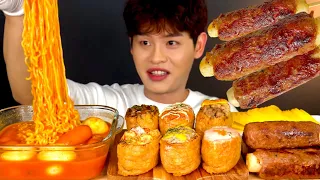 ASMR 매콤한 국물라볶이🔥와 떡갈비꼬치 대왕유부초밥 먹방~!! Spicy Noodles🌶 With Smoked Pork Fried Tofu Sushi MuKBang~!!